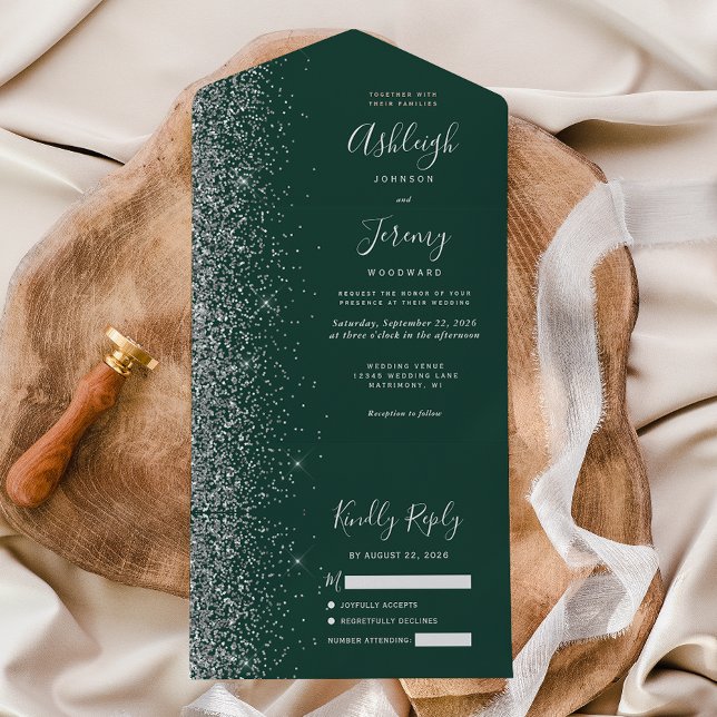 Modern Emerald Green Silver Glitter Wedding All In One Invitation (Creator Uploaded)