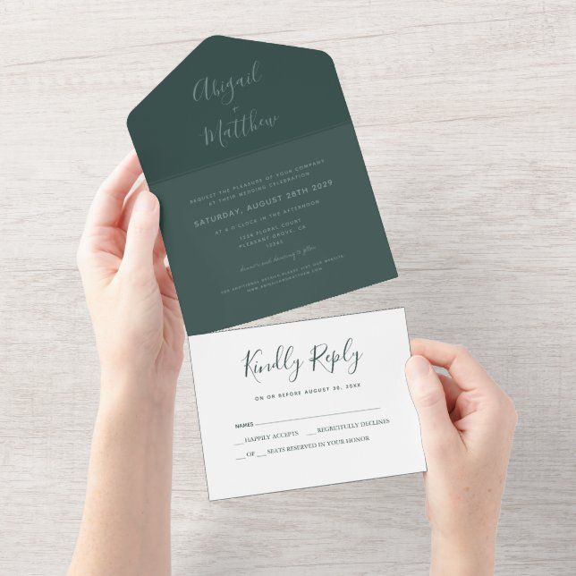 Modern Emerald Green Simple Handwriting Wedding All In One Invitation (Tearaway)