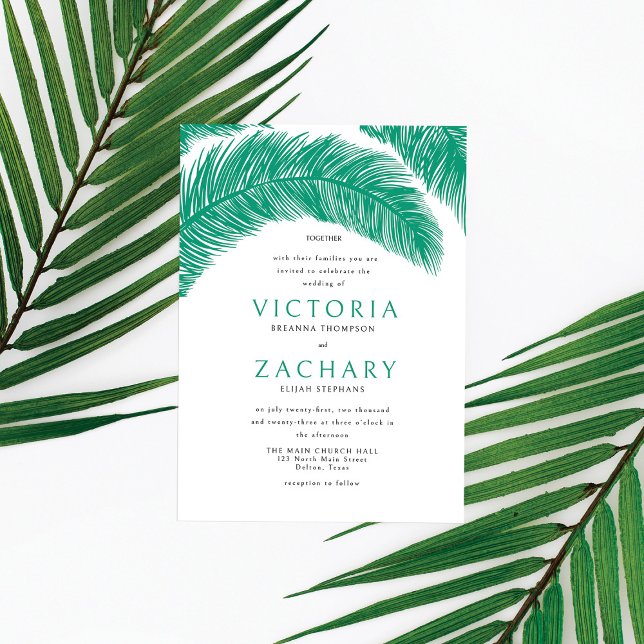 Modern Emerald Green Summer Palm Leaves Wedding Invitation (Creator Uploaded)
