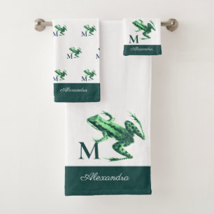 Modern Emerald Green Tree Frog Monogram Name Bath Towel Set