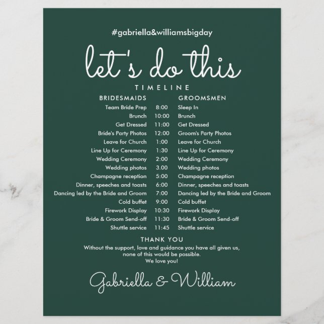 Modern Emerald Green Wedding Schedule Timeline (Front)
