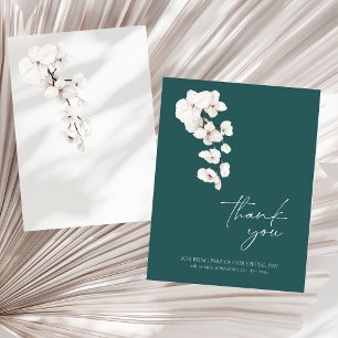 Modern Emerald Green White Orchids Flowers Wedding Thank You Card