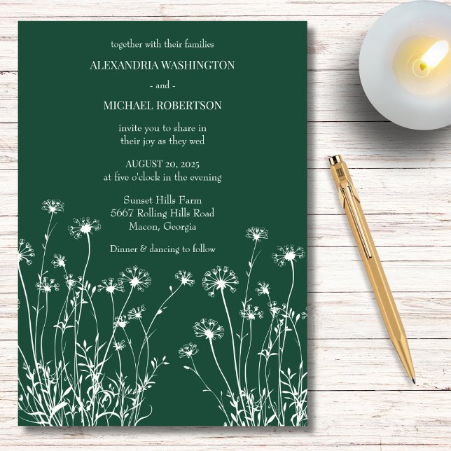 Modern Emerald Green & White Wildflower Wedding Invitation (Creator Uploaded)