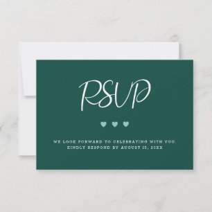 Modern Emerald Green With Three Hearts Wedding RSVP Card