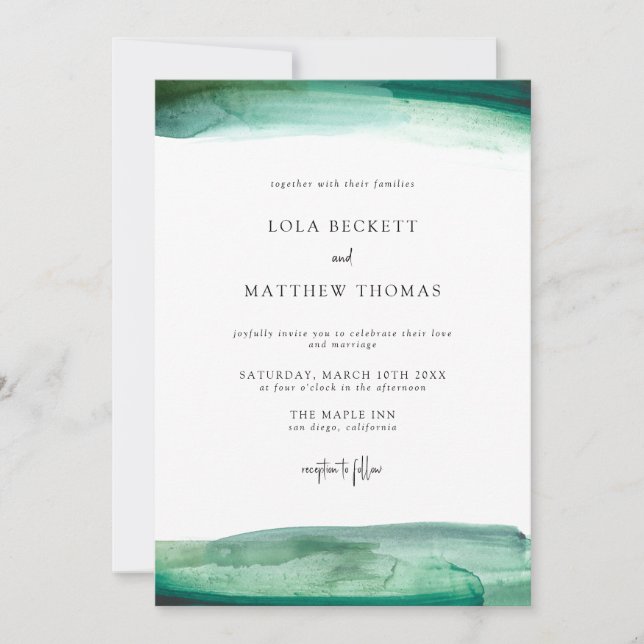Modern Emerald Watercolor Wedding Invitation (Front)