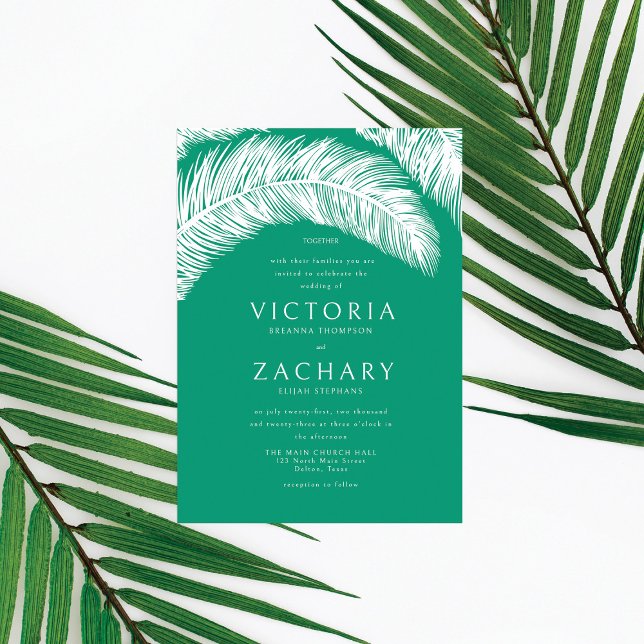 Modern Emerald White Summer Palm Leaves Wedding Invitation (Creator Uploaded)
