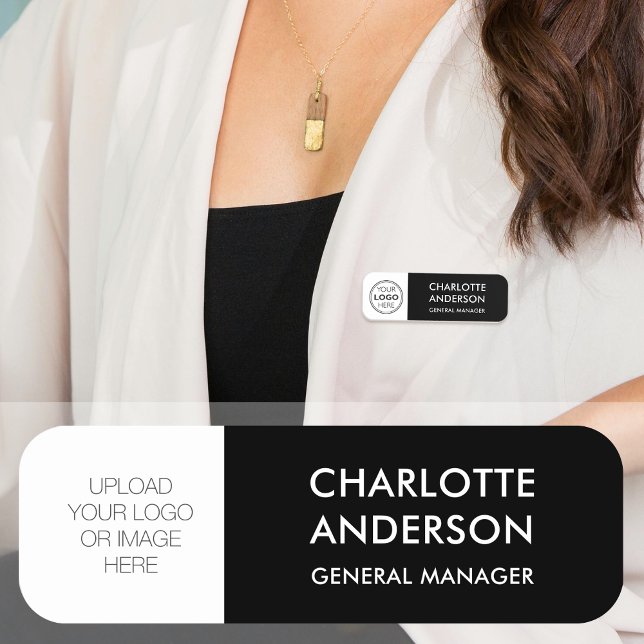 Modern Employee Custom Logo Black White Name Tag (Creator Uploaded)