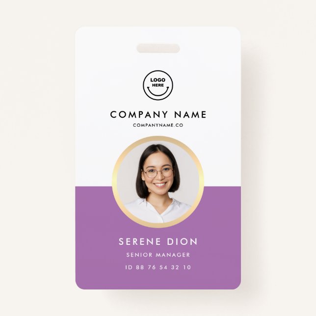 Modern Employee ID Custom Name Photo ID Purple ID Badge (Front)