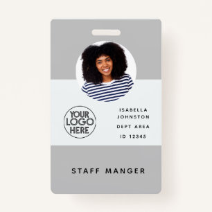 Modern Employee Photo ID Logo   QR Barcode Grey ID Badge