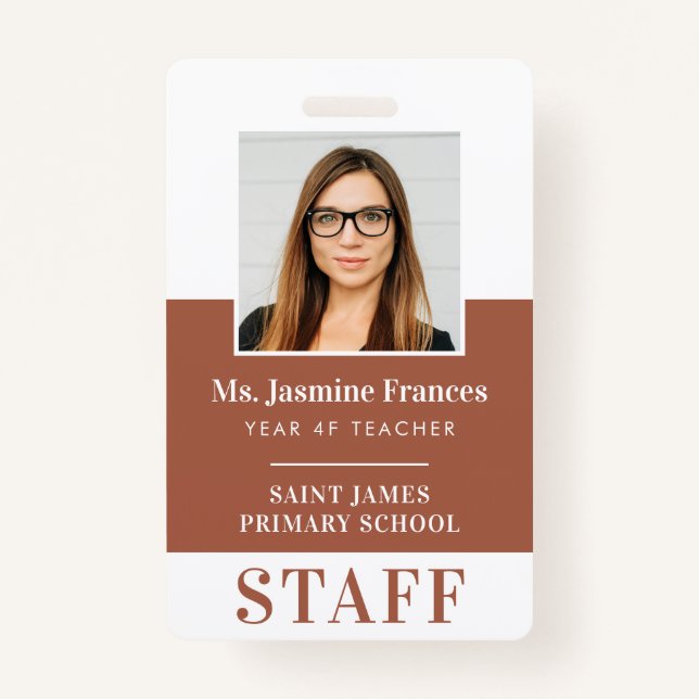 MODERN EMPLOYEE PHOTO ID simple clay brown ID Badge (Front)