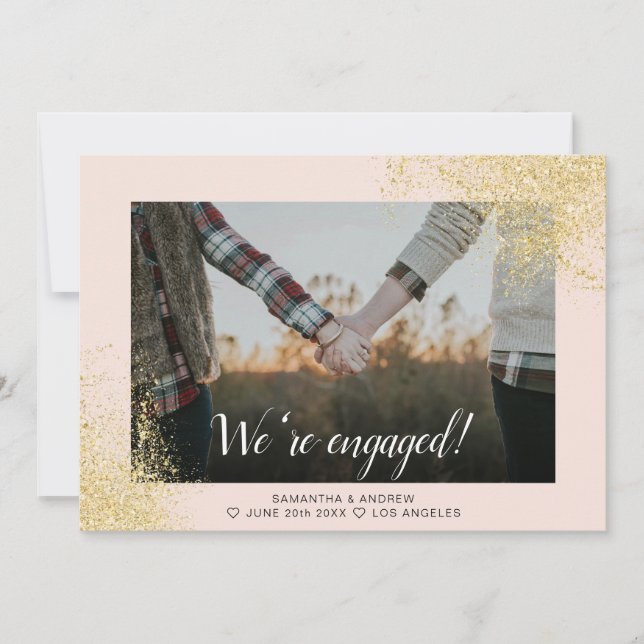 Modern engagement party gold glitter photo announcement (Front)