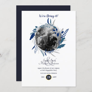Modern Engagement Party PHOTO Blue Wreath Invitation