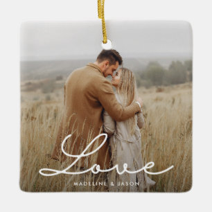 Modern Engagement Photo Calligraphy Love Ceramic Ornament