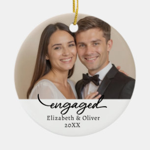 Modern Engagement Script Custom Photo Name   Ceramic Ornament