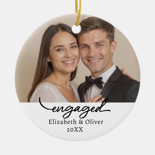 Modern Engagement Script Custom Photo Name   Ceramic Ornament (Front)