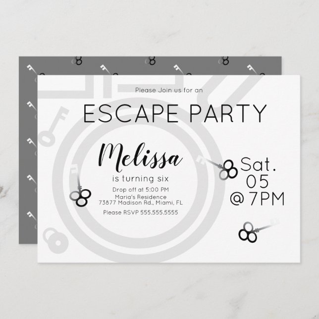 Modern Escape Room Birthday Party Grey Invitation (Front/Back)