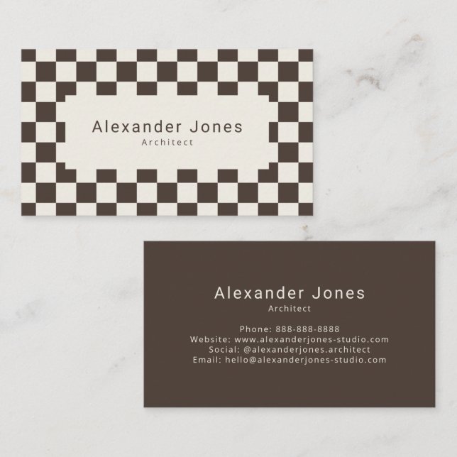 Modern Espresso Brown Chequered Pattern Business Card (Front/Back)