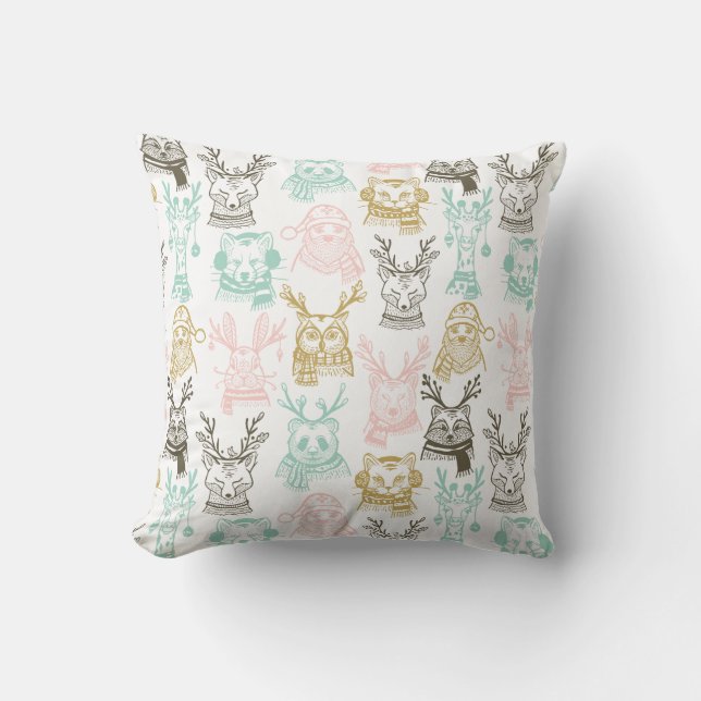 Modern Etched Style Woodland Animals Christmas Cushion (Front)