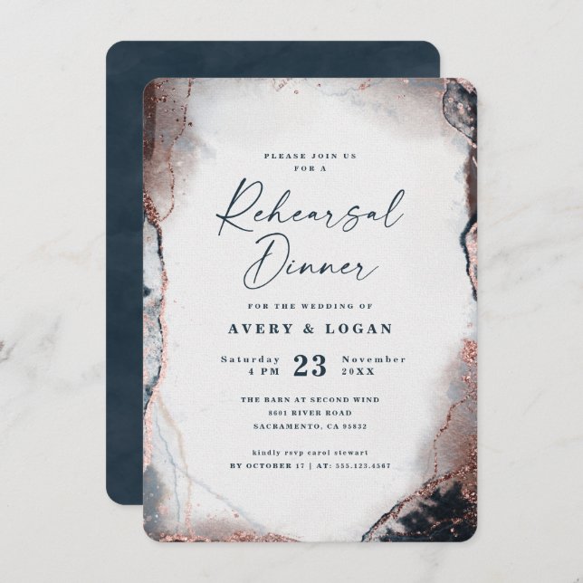 Modern Ethereal Navy Blue Wedding Rehearsal Dinner Invitation (Front/Back)