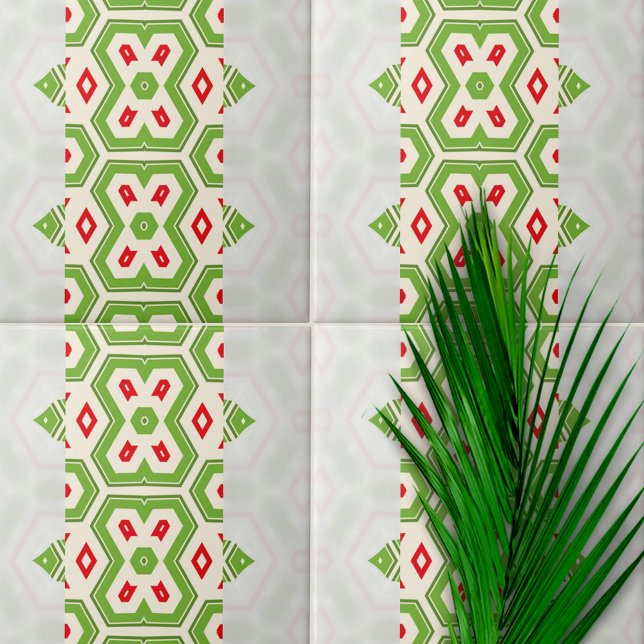 Modern Ethnic Green White Red Geometric Pattern Ceramic Tile (Creator Uploaded)