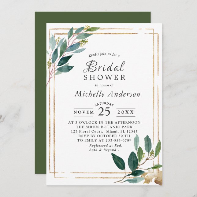 Modern  Eucaliptus Gold Bridal Shower Invitation (Front/Back)