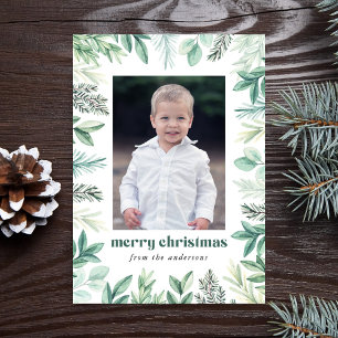 Modern Eucalyptus and Evergreen Photo Holiday Card