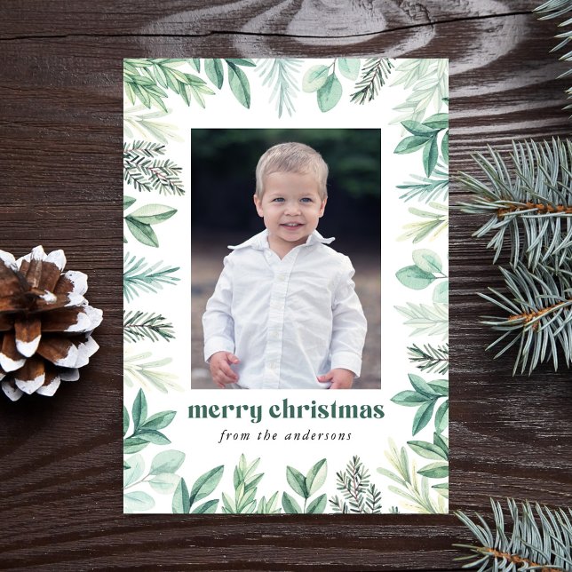 Modern Eucalyptus and Evergreen Photo Holiday Card (Creator Uploaded)