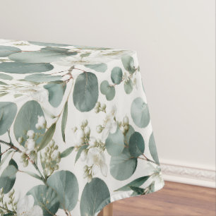 Modern Eucalyptus and White Floral Design Tablecloth