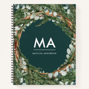 Modern eucalyptus botanical foliage wreath initial notebook