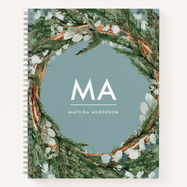 Modern eucalyptus botanical foliage wreath initial notebook (Front)