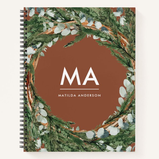 Modern eucalyptus botanical foliage wreath initial notebook (Front)