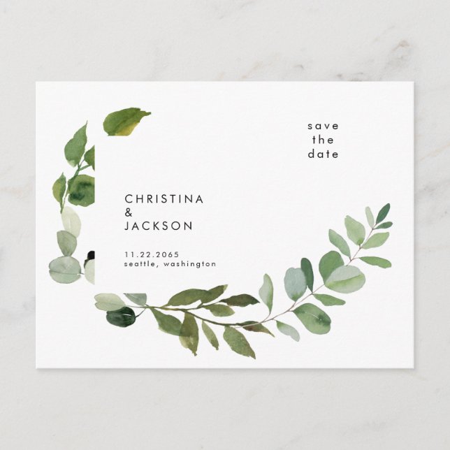 Modern Eucalyptus Botanical Wedding Save the Date  Postcard (Front)