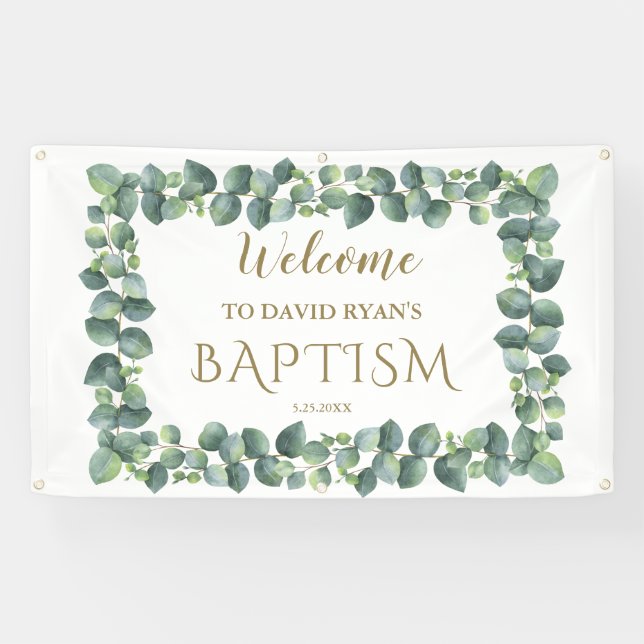 Modern Eucalyptus Boy Baptism Welcome Sign (Horizontal)