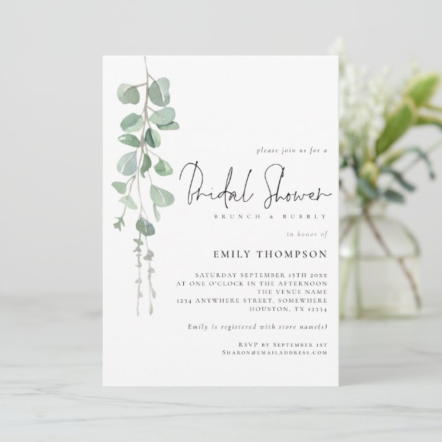 Modern Eucalyptus Brunch Bubbly Bridal Shower Invitation (Standing Front)