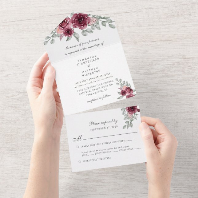 Modern Eucalyptus Burgundy Floral Wedding All In One Invitation (Tearaway)