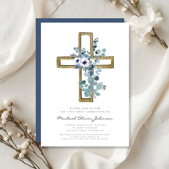 Modern Eucalyptus Cross Religious First Communion  Invitation (Modern Eucalyptus Cross Religious First Communion Invitation)