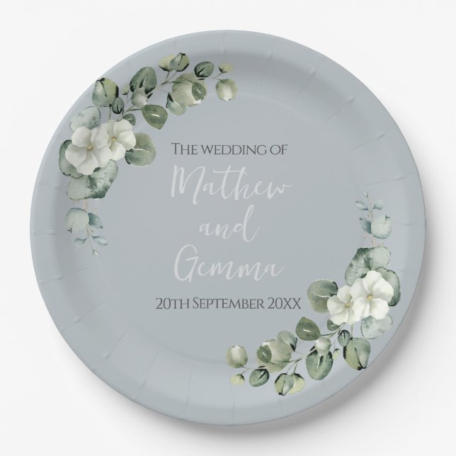 Modern Eucalyptus Design Wedding 22.9 cm Paper Plate (Front)