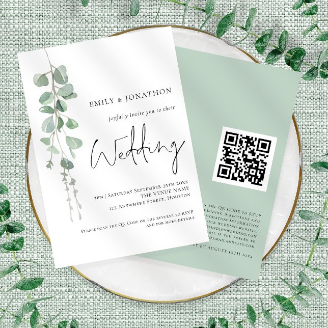 Modern Eucalyptus Elegant Script QR Code Wedding Invitation (Front and back view)