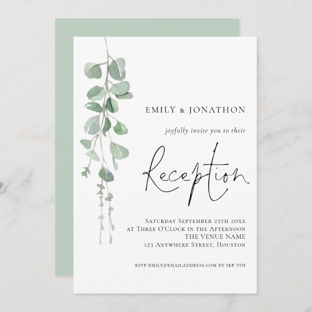 Modern Eucalyptus Elegant Script Wedding Reception Invitation (Front/Back)
