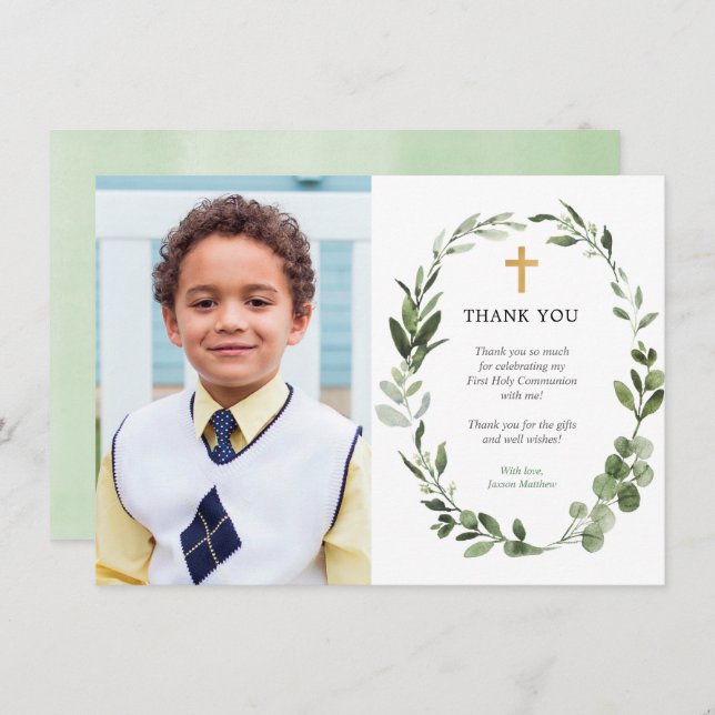 Modern Eucalyptus first communion thank you card (Front/Back)
