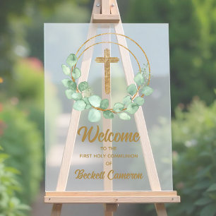 Modern Eucalyptus First Communion Welcome Acrylic Sign