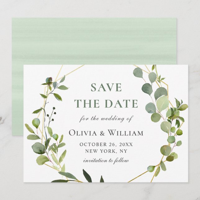 Modern Eucalyptus Floral Geometric Frame Wedding Save The Date (Front/Back)