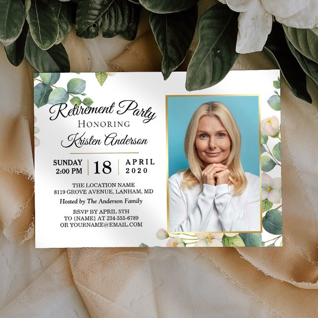 Modern Eucalyptus Floral Photo Retirement Party Invitation (Creator Uploaded)