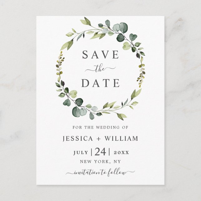 Modern Eucalyptus Floral Wedding Save the Date Postcard (Front)