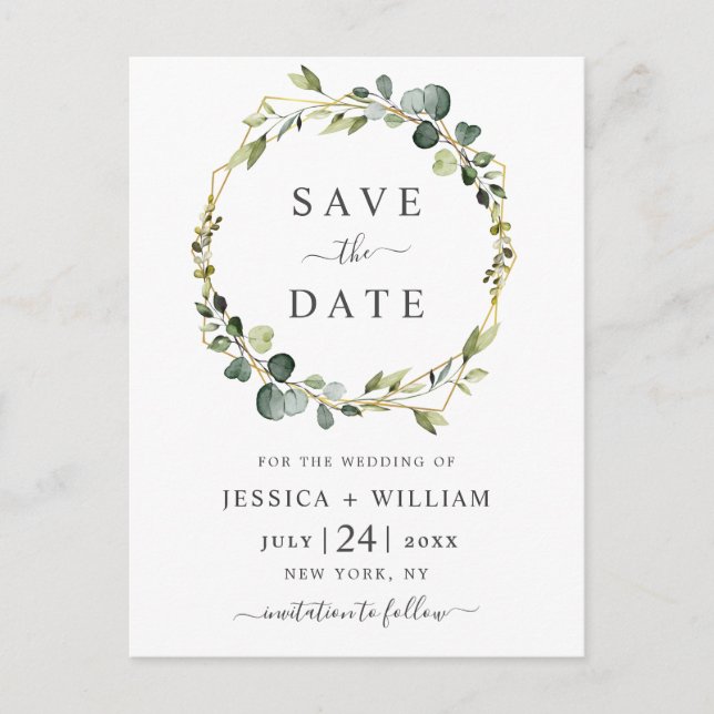 Modern Eucalyptus Floral Wedding Save the Date Postcard (Front)