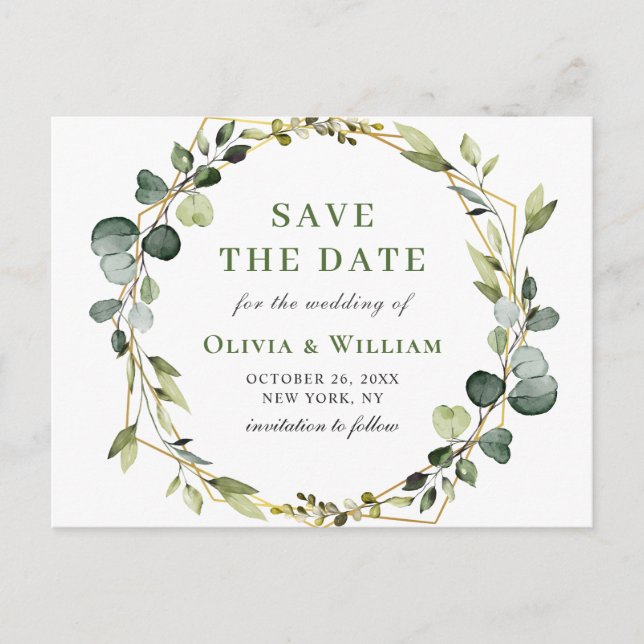 Modern Eucalyptus Floral Wedding Save the Date Postcard (Front)