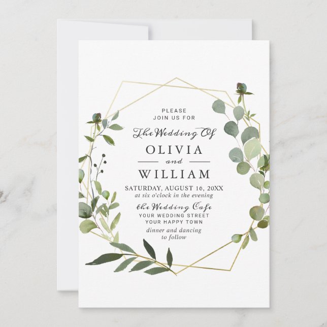 Modern Eucalyptus Foliage Geometric Frame Wedding Invitation (Front)