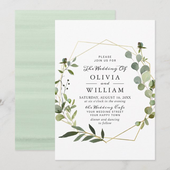 Modern Eucalyptus Foliage Geometric Frame Wedding Invitation (Front/Back)