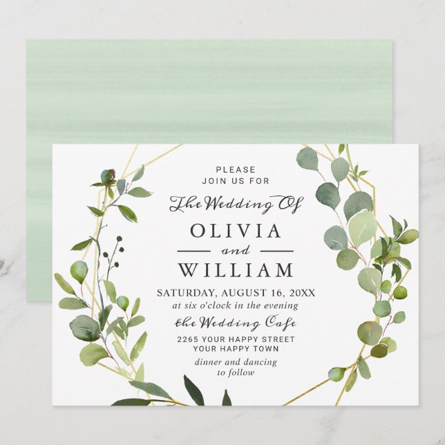 Modern Eucalyptus Foliage Geometric Frame Wedding Invitation (Front/Back)
