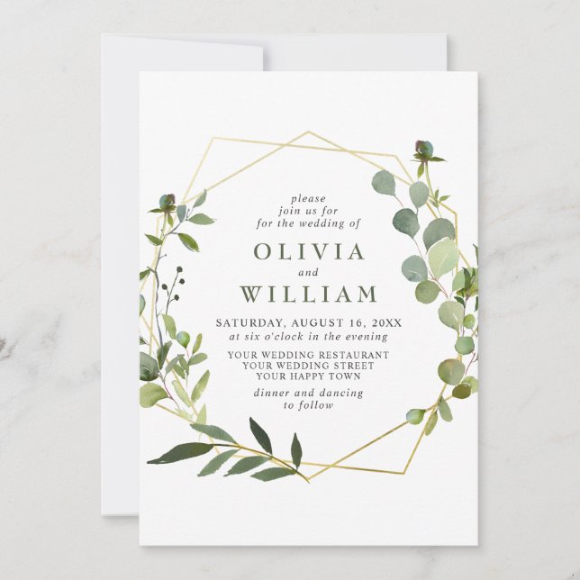 Modern Eucalyptus Foliage Geometric Frame Wedding Invitation (Front)